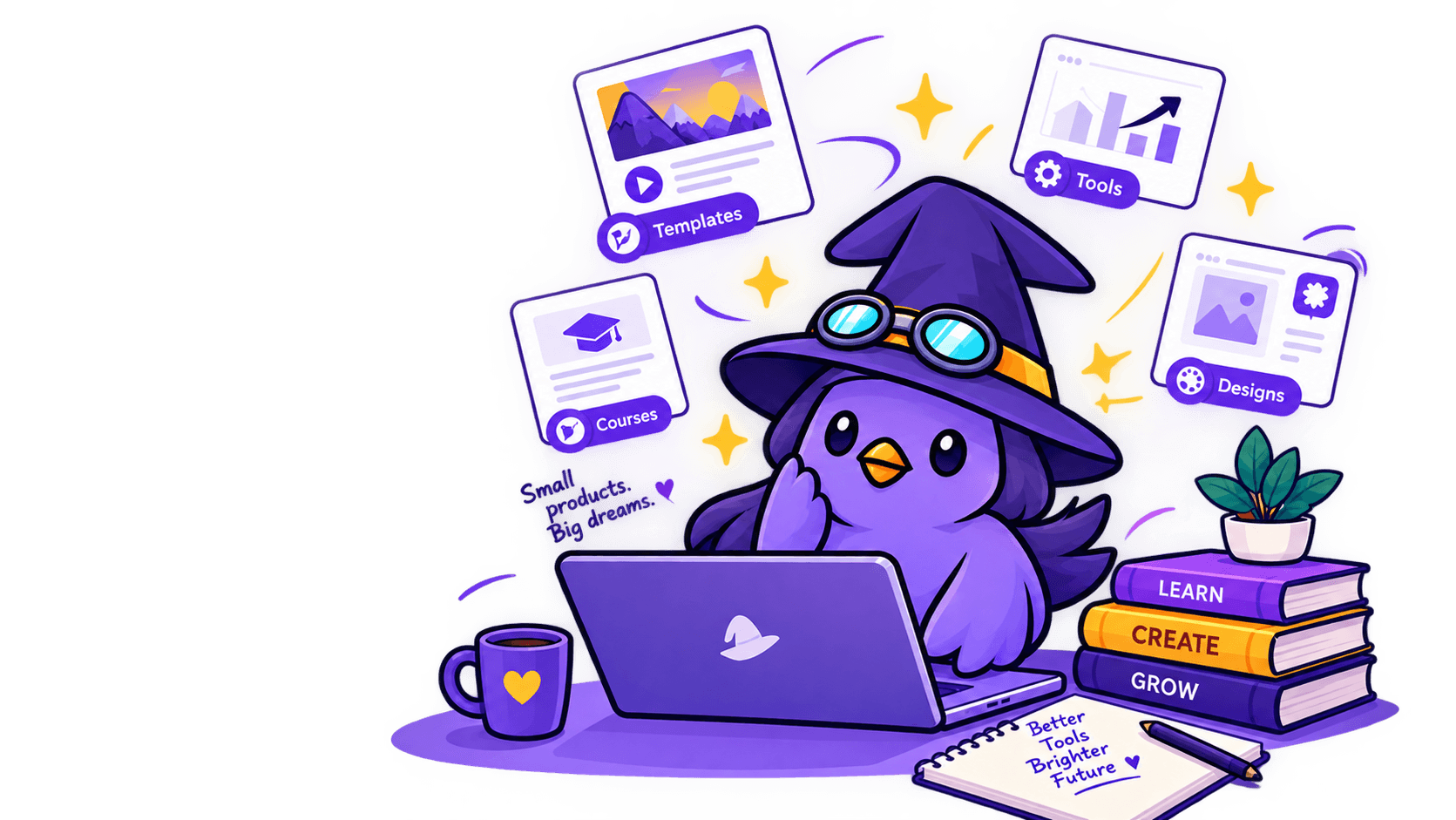 Little Launch wizard owl using a laptop, surrounded by templates, courses, tools and designs